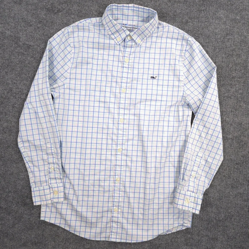 Vineyard Vines On The Go Performance Shirt Boys M 12-14 Blue Pink Plaid OTG